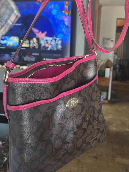 Coach Handbags - Coach Brown Signature Canvas Crossbody with Pink Trim